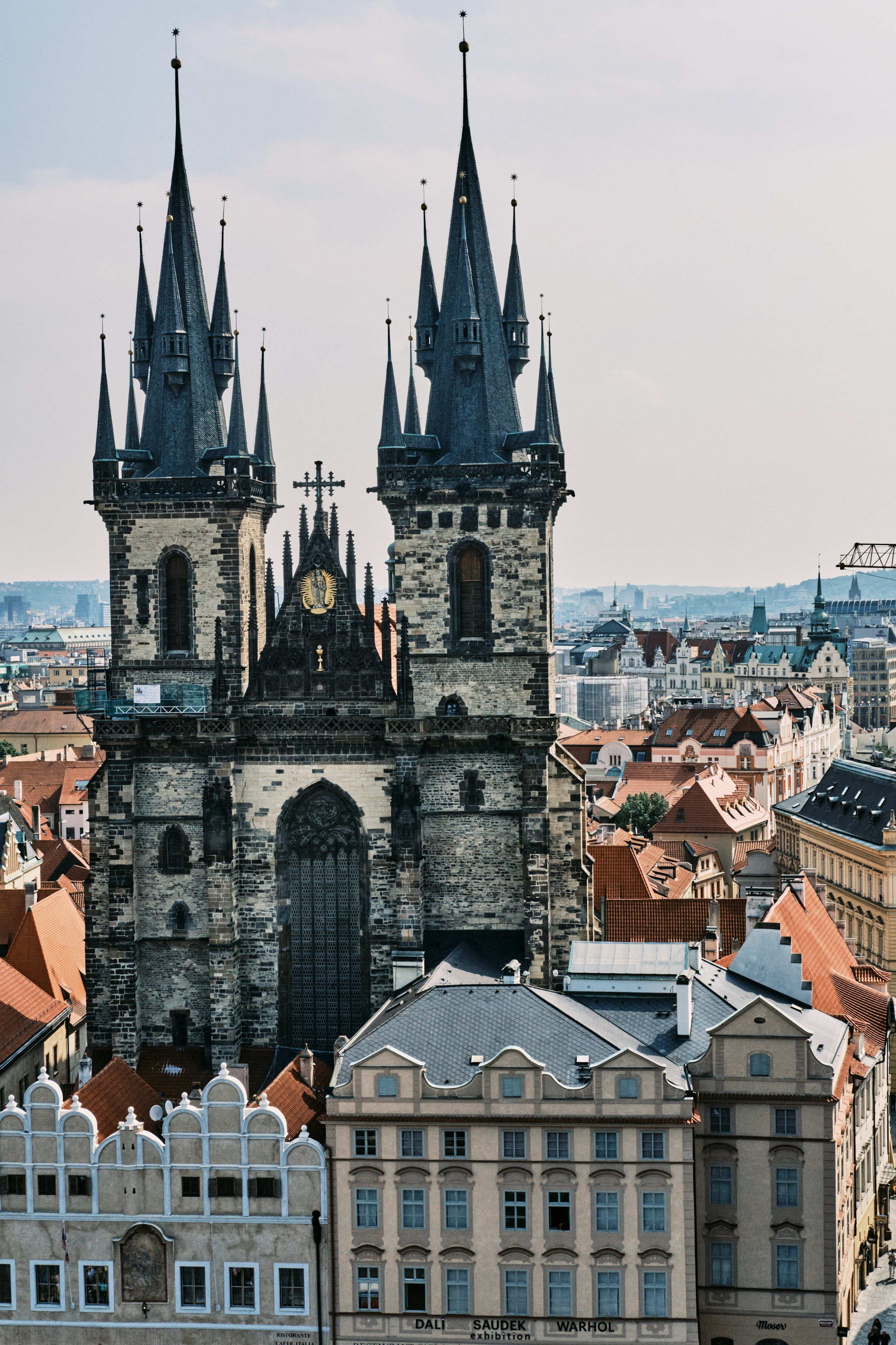 The Gothic towers of the Týn Church above Old Town Square, Prague